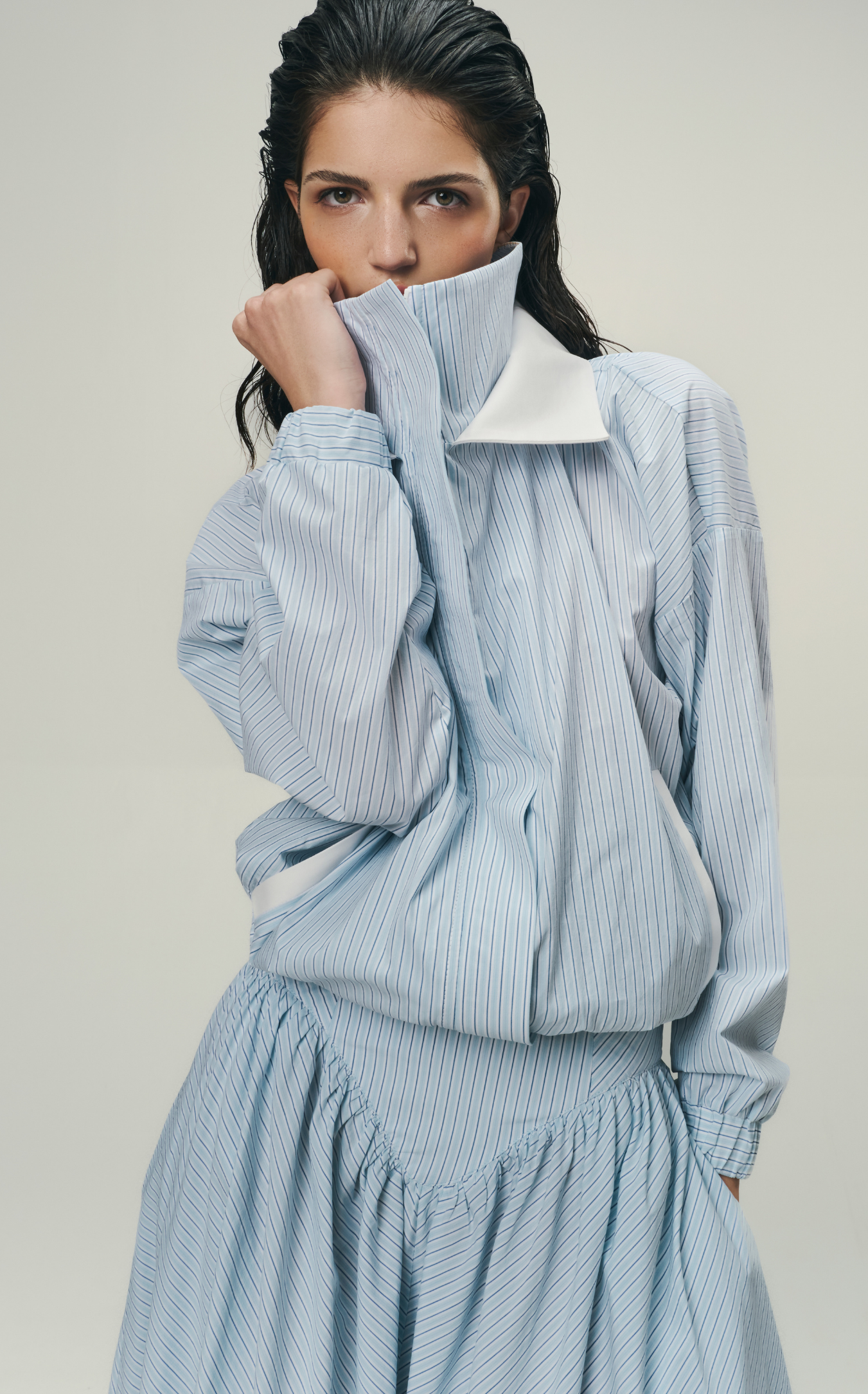 STRIPED BOMBER JACKET IN ICE BLUE