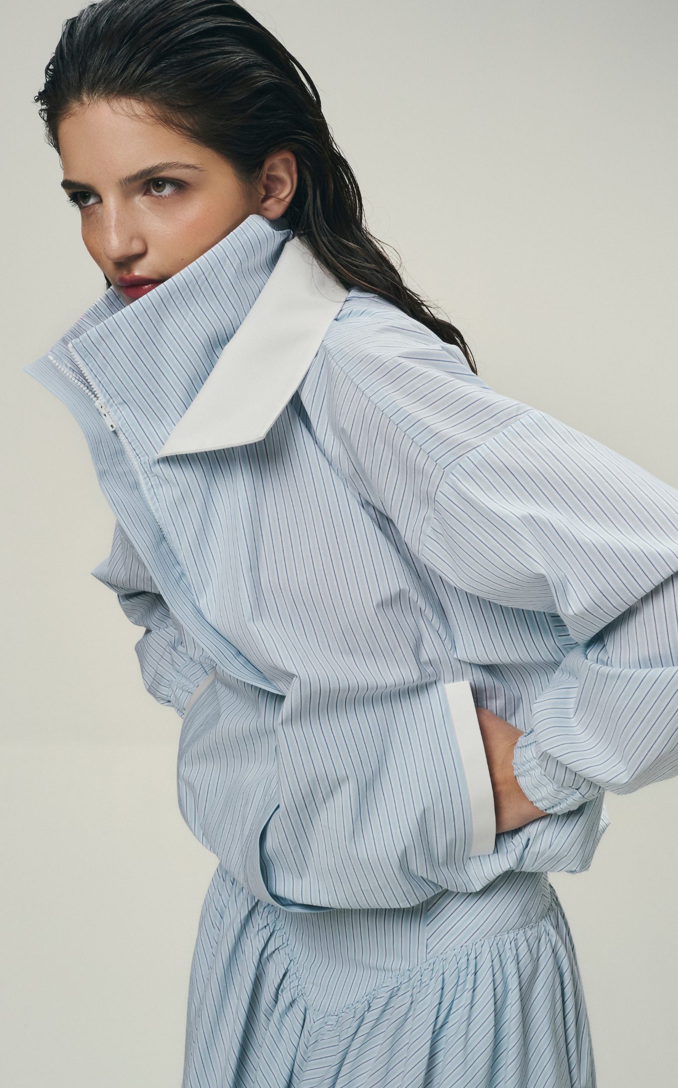 STRIPED BOMBER JACKET IN ICE BLUE
