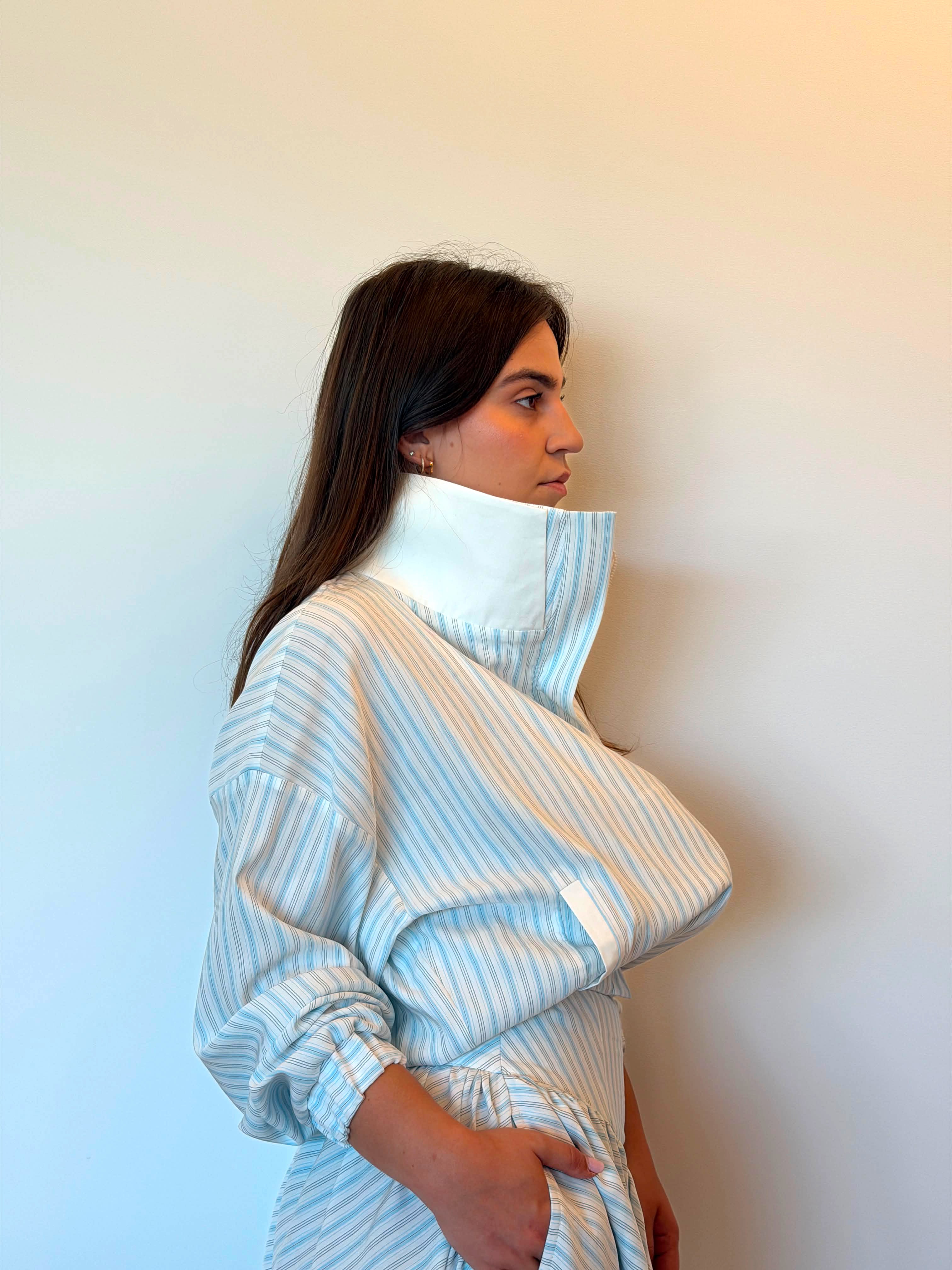 STRIPED BOMBER JACKET IN ICE BLUE