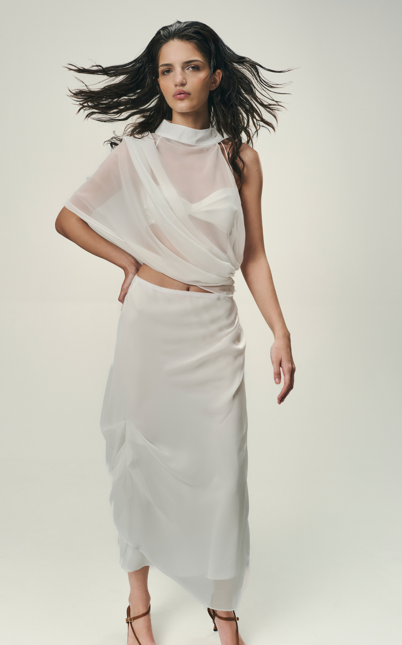 DRAPED FAN TOP WITH BUSTIER IN IVORY
