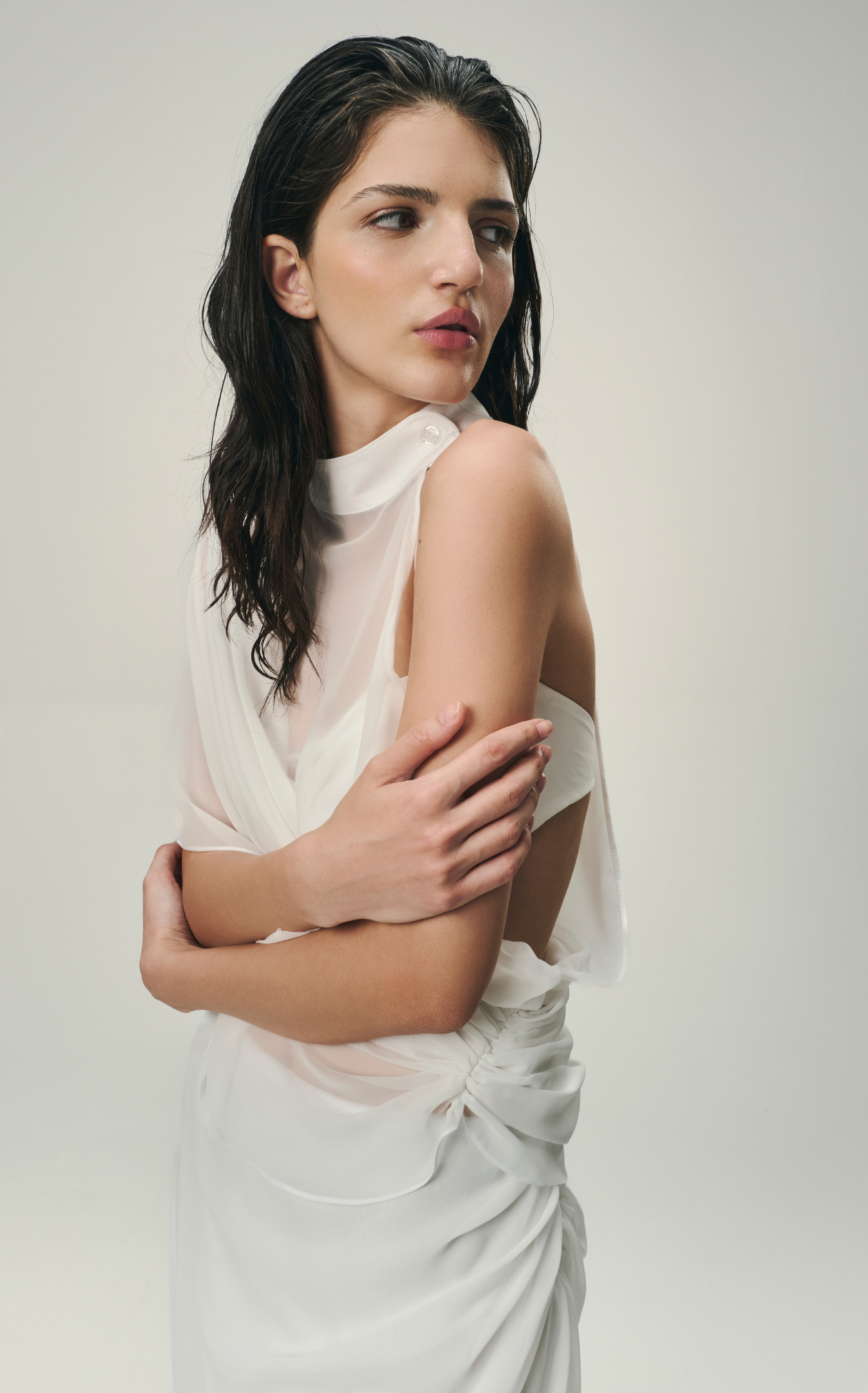 DRAPED FAN TOP WITH BUSTIER IN IVORY