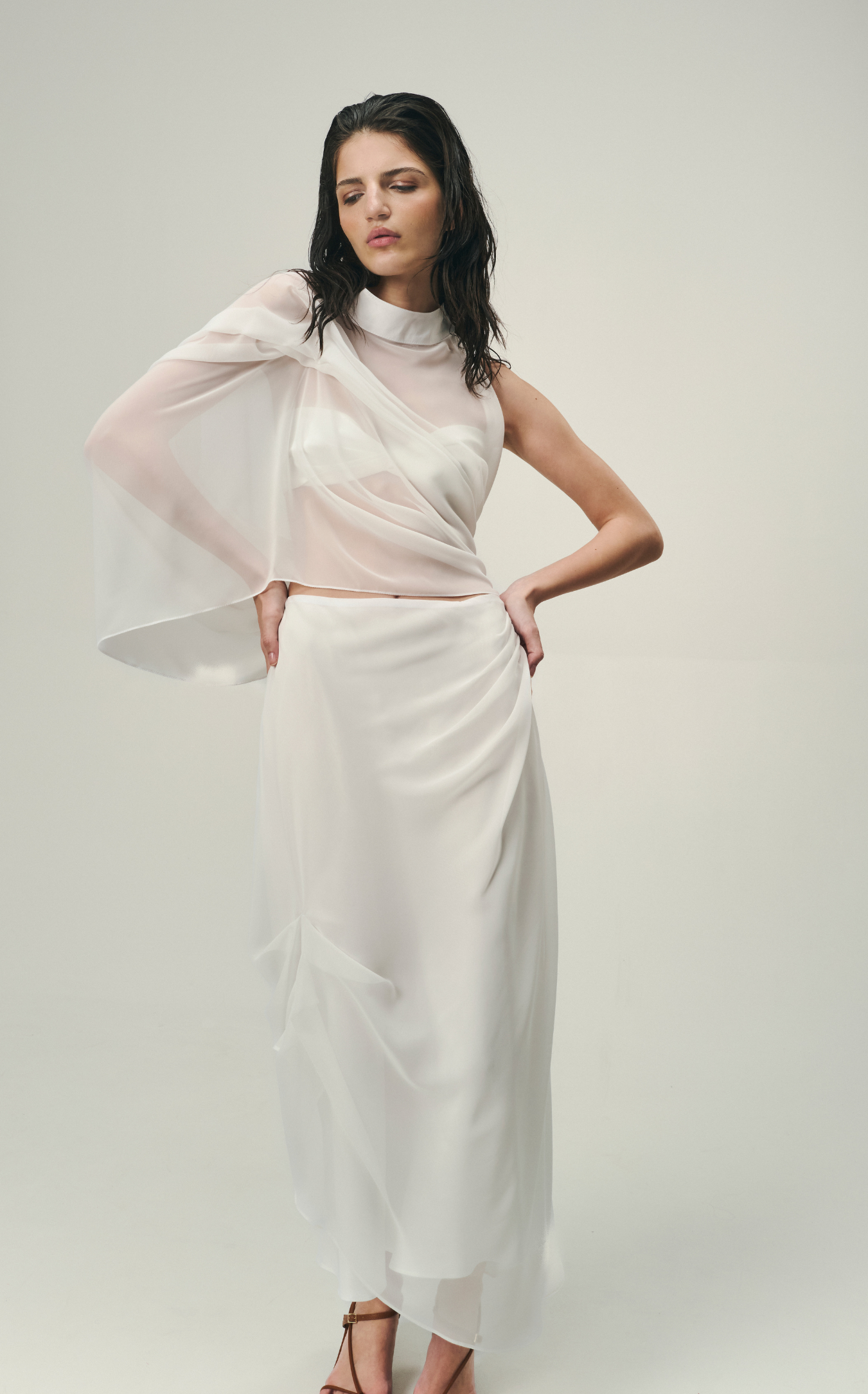 DRAPED FAN TOP WITH BUSTIER IN IVORY